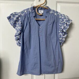 Mira Shirt Womens XL Eyelet Flutter Sleeve Blue Cotton Popover Blouse